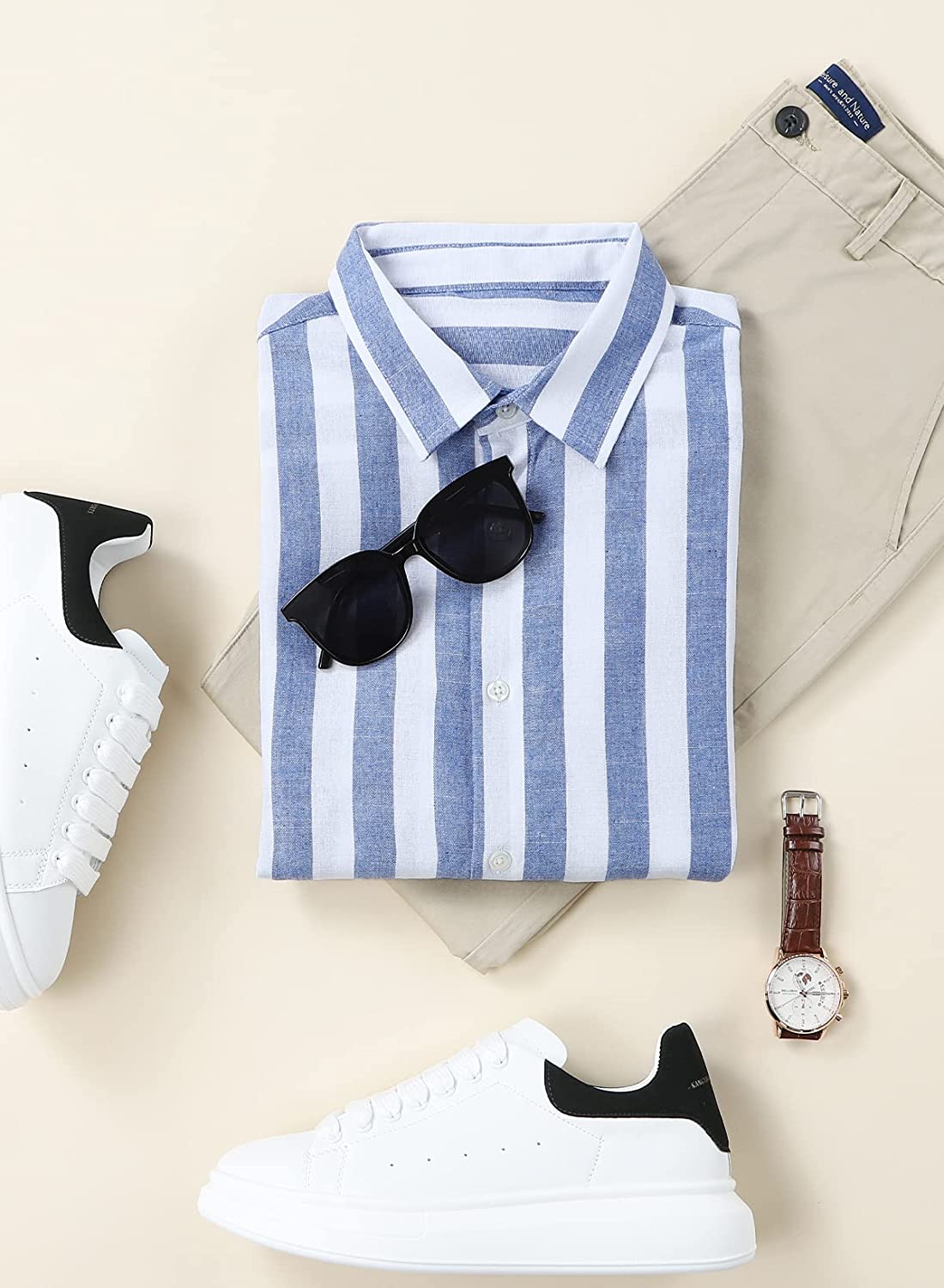 JMIERR Men's Casual Stylish Long Sleeve Button-Down Shirts Striped Dress Shirts Cotton Shirt - Image 2